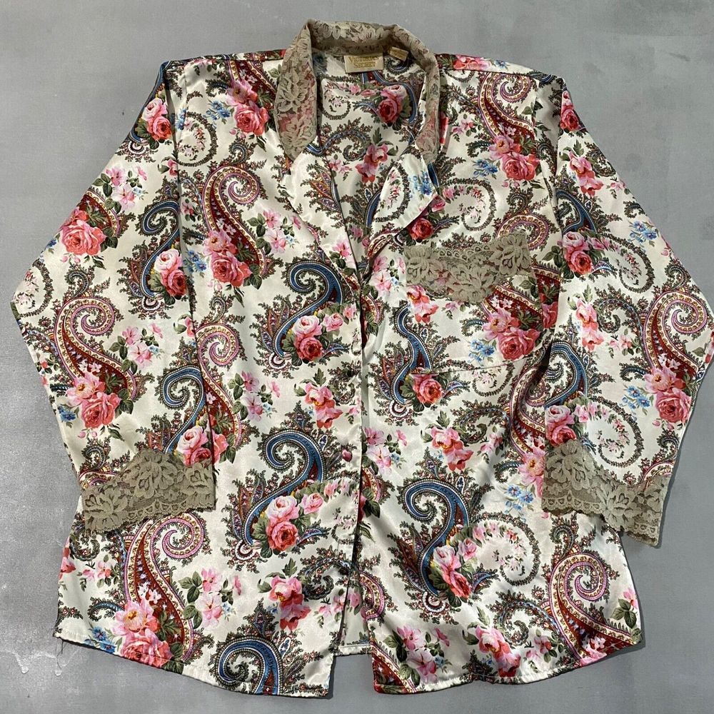 Victoria Secret Shirt Small sleepwear floral paisley Silky lace Vintage Gold Tag